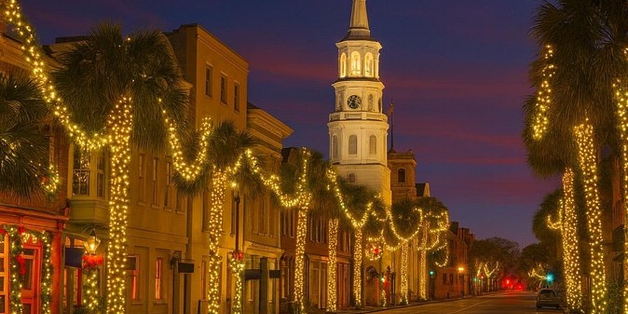 Charleston street at dusk with palm trees wrapped in golden holiday lights and an illuminated church steeple.